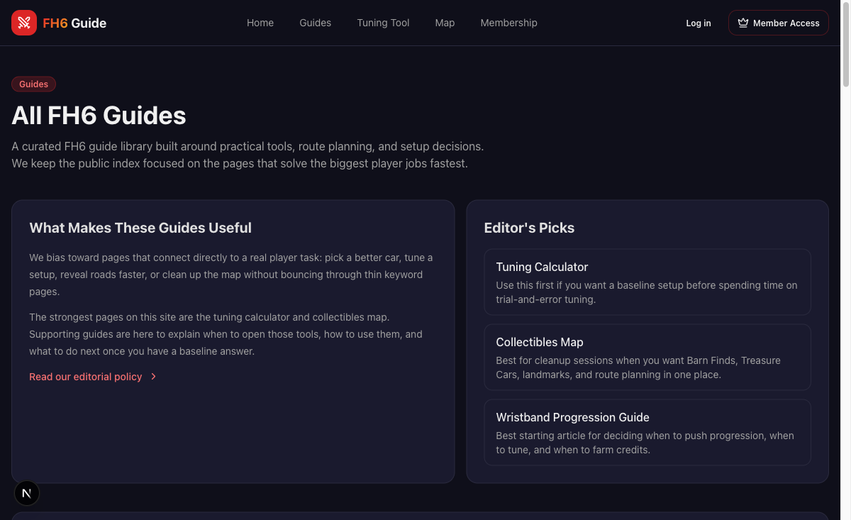 FH6 Guide library workflow linking progression, credits, and next-step planning