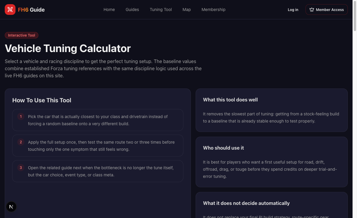 Tuning calculator workflow that supports starter-car setup decisions on FH6 Guide